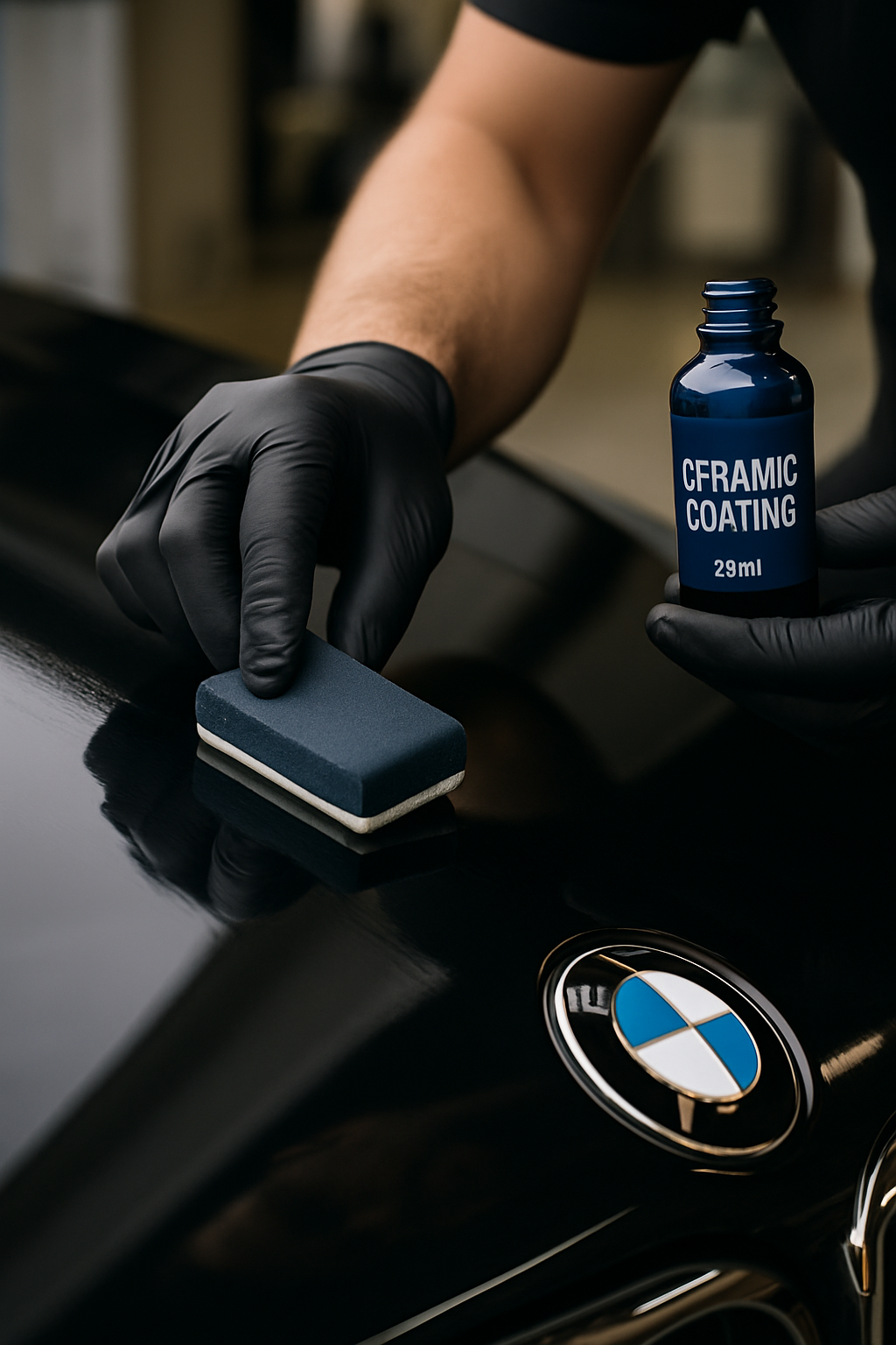 A person is applying ceramic coating to a black car.