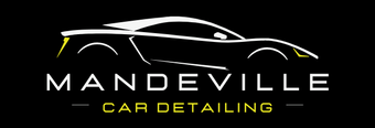 A logo for Mandeville Car detailing with a yellow car on it.