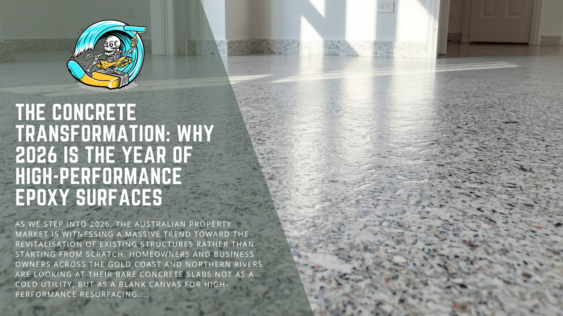 A split-screen showing rough concrete on the left and a smooth, speckled epoxy floor on the right with a promotional title.