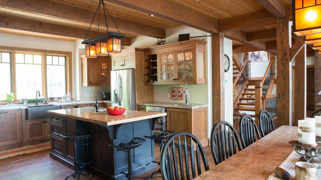 Country kitchen with a variety of woods and finishes in a large Muskoka cottage