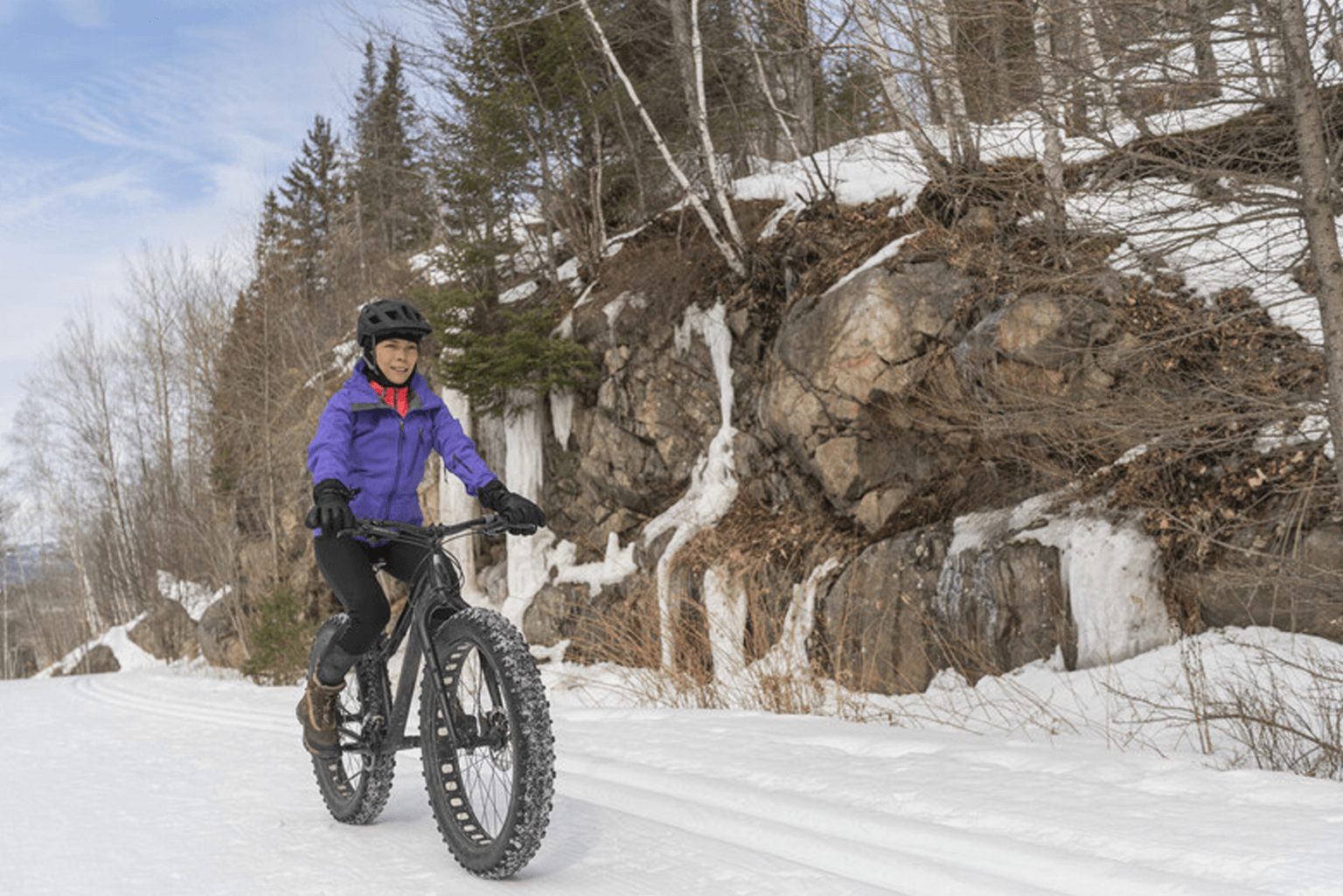 Riding a Fat Bike near Muskoka Bluffs in Winter