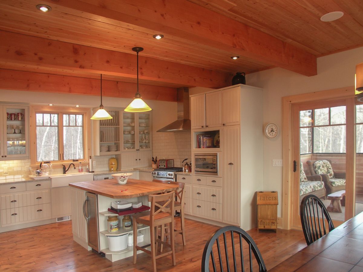 Custom Muskoka Cottage featuring a  kitchen with a table and chairs and a clock on the wall