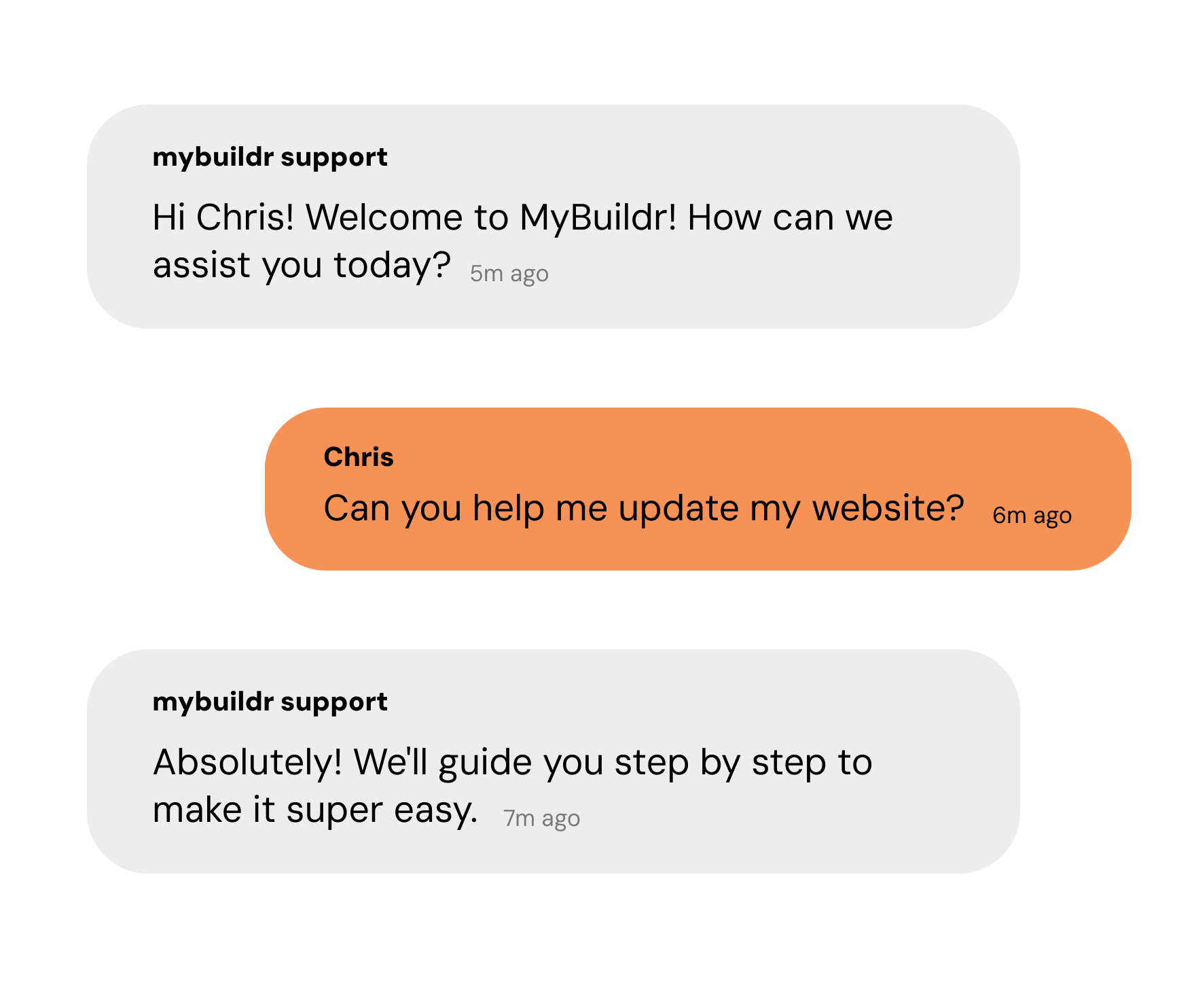 A screenshot of a conversation between chris and mybuildsupport