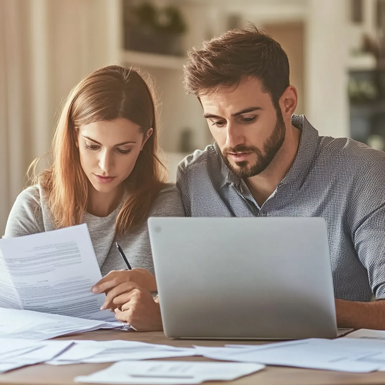 A man and a woman are sitting at a table looking at papers and a laptop.