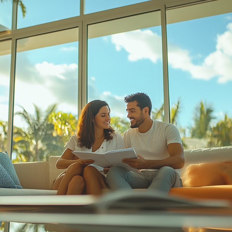 A man and a woman are sitting on a couch looking at a book.