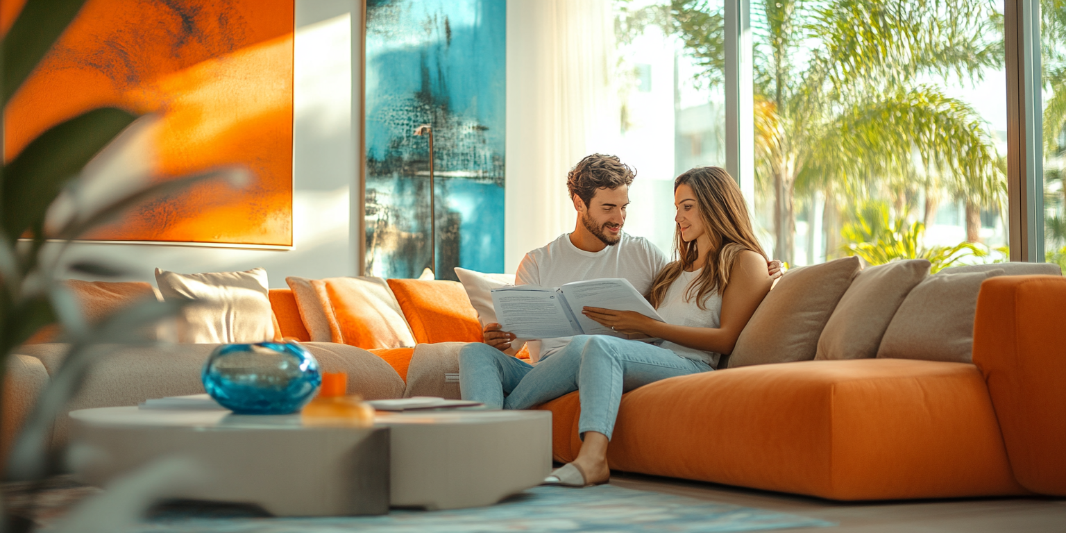 A man and a woman are sitting on a couch in a living room reading a magazine.
