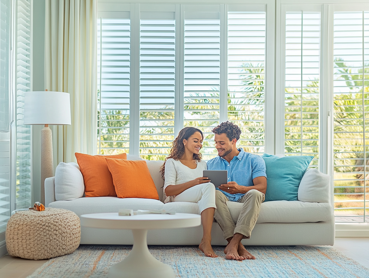 A man and a woman are sitting on a couch in a living room looking at a tablet.