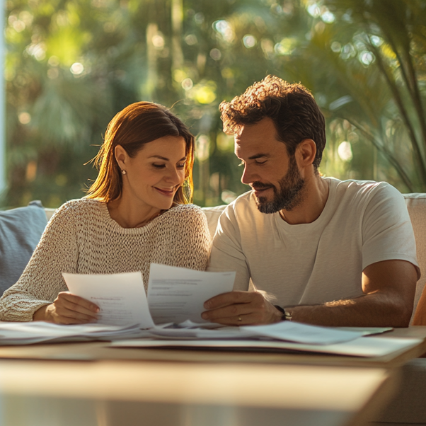 A man and a woman are sitting on a couch looking at papers.