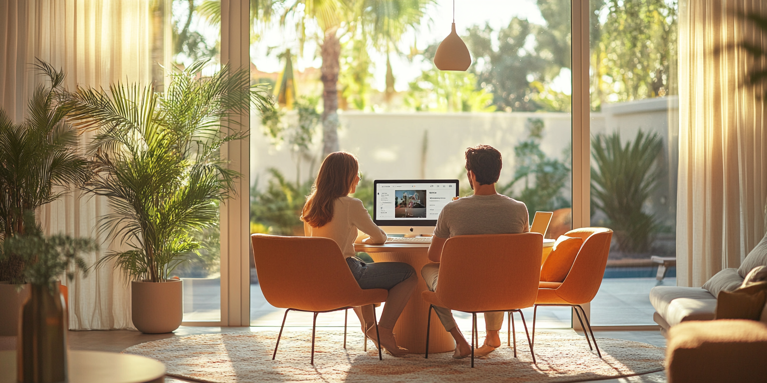 A man and a woman are sitting at a table looking at a laptop.