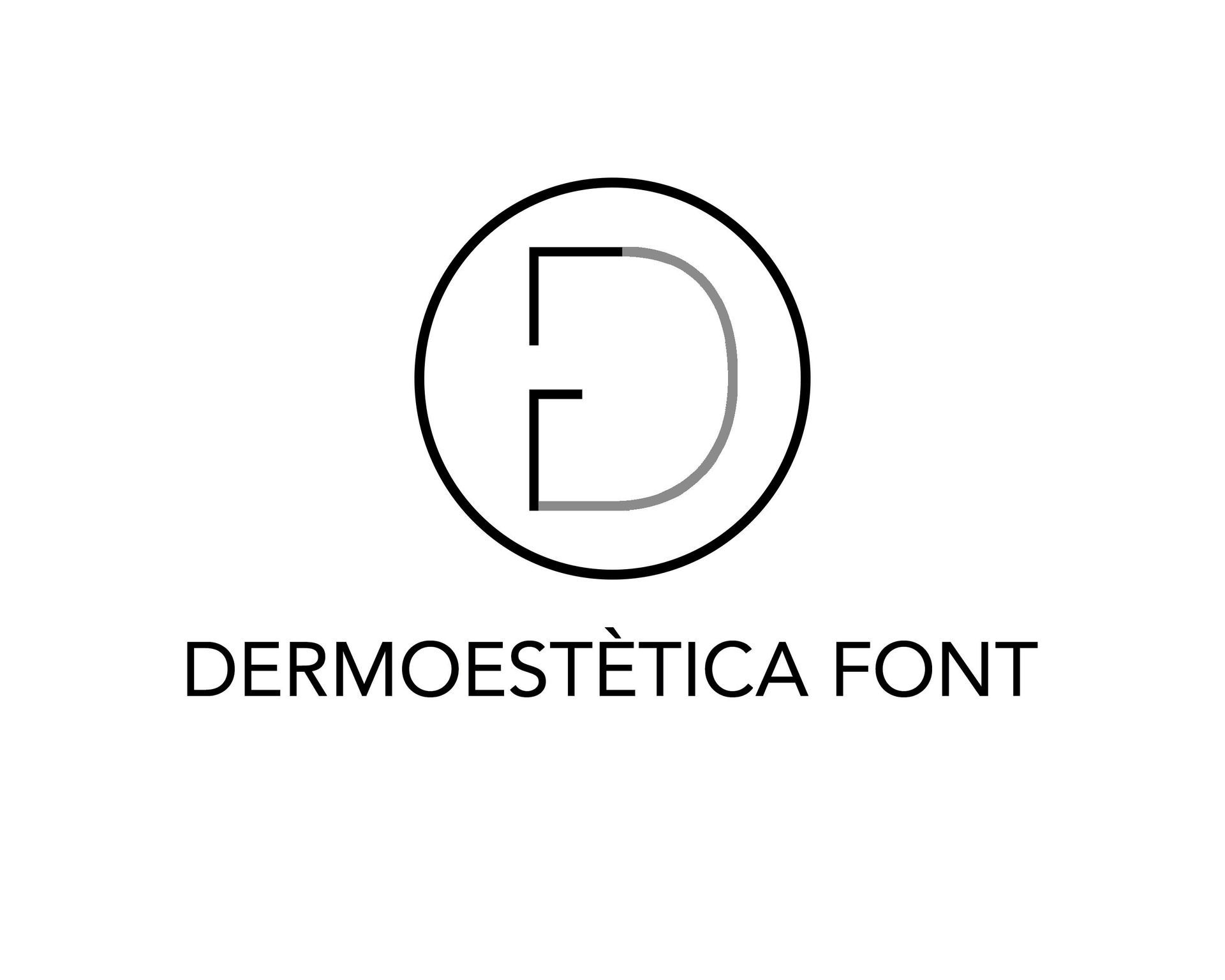 Un logotipo en blanco y negro para la fuente dermoestetica con una letra d en un círculo.