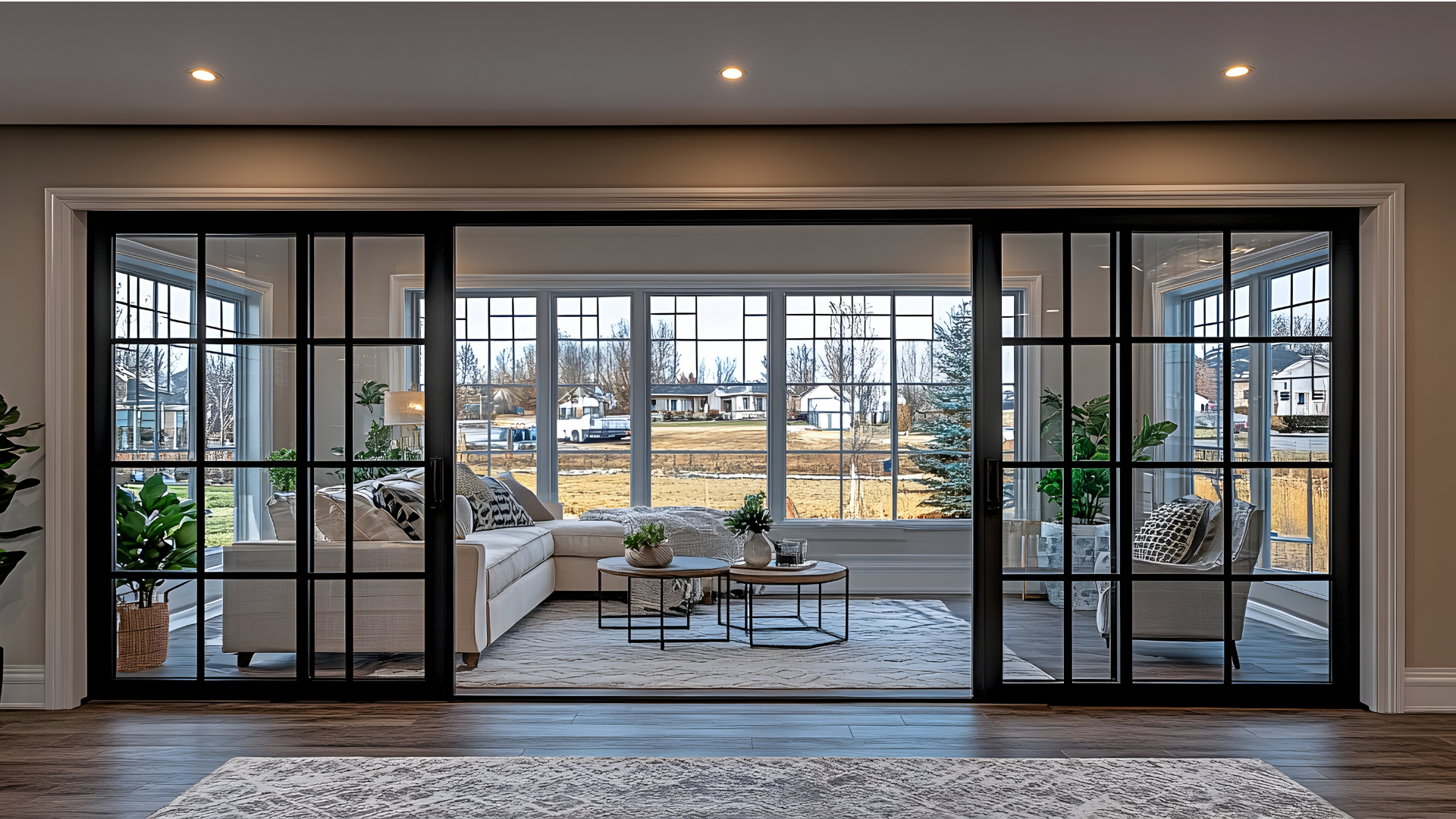 Living room with black-framed glass doors open to a sunny space; a view of a neighborhood is visible.