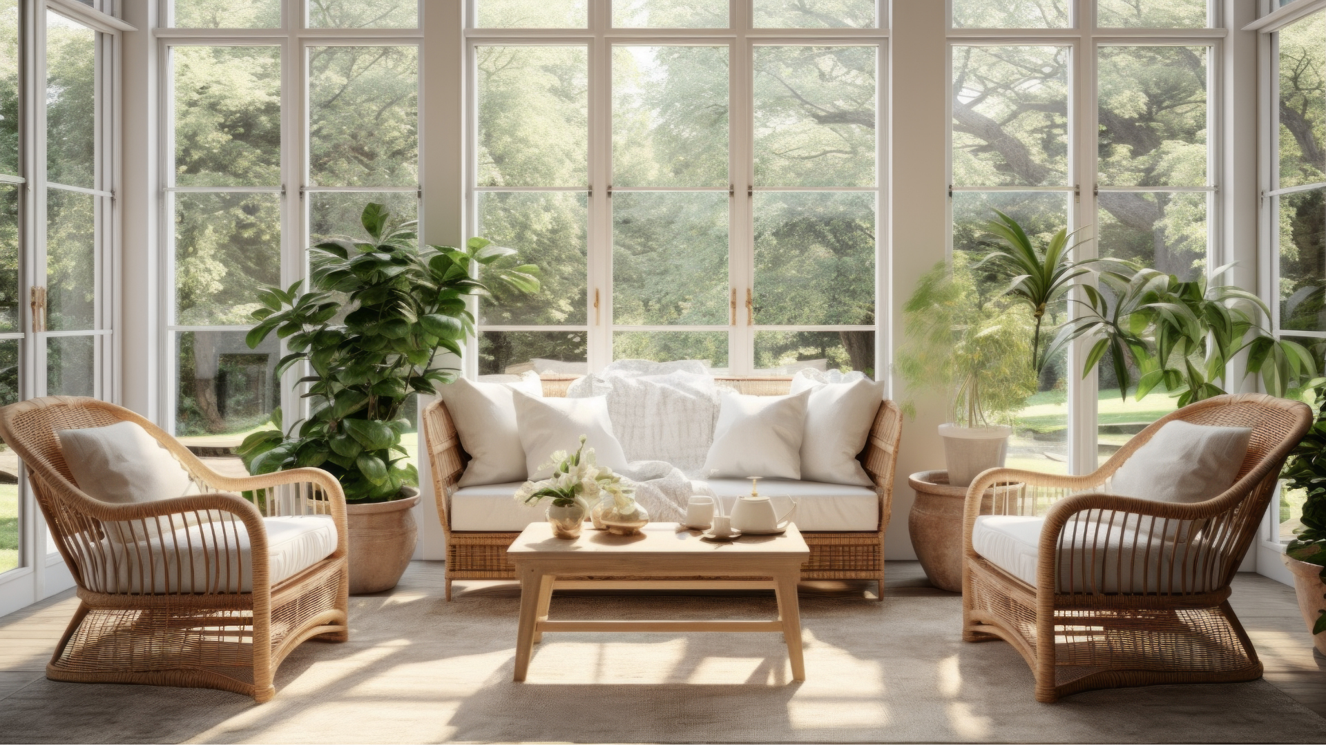 Sunroom with wicker furniture, lush plants, and large windows overlooking greenery.