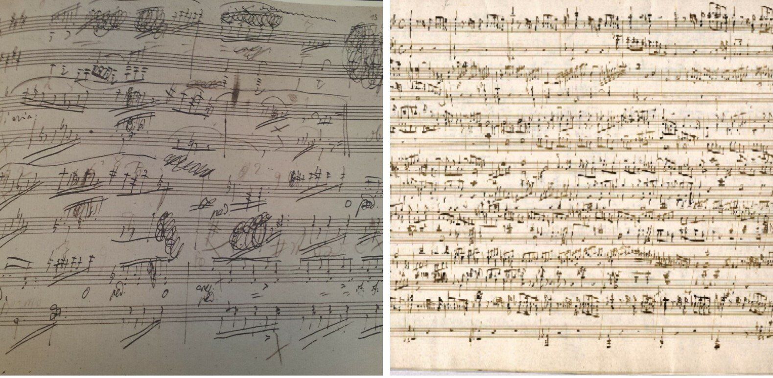 Collage van bladmuziek van Beethoven en Mozart