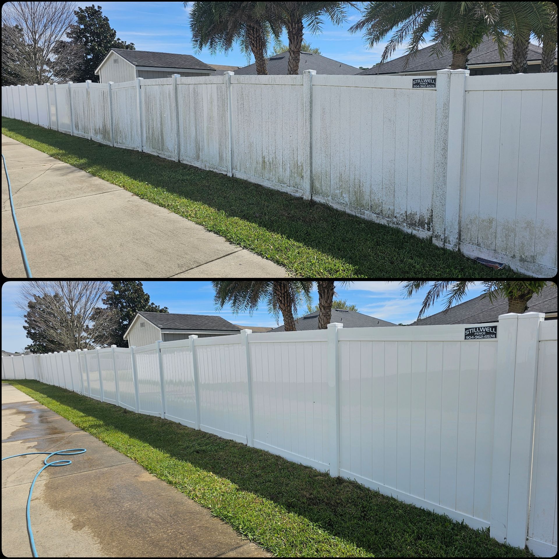 Before and after of a white fence being cleaned. The top shows the fence with dirt and algae. The bottom shows a clean fence.