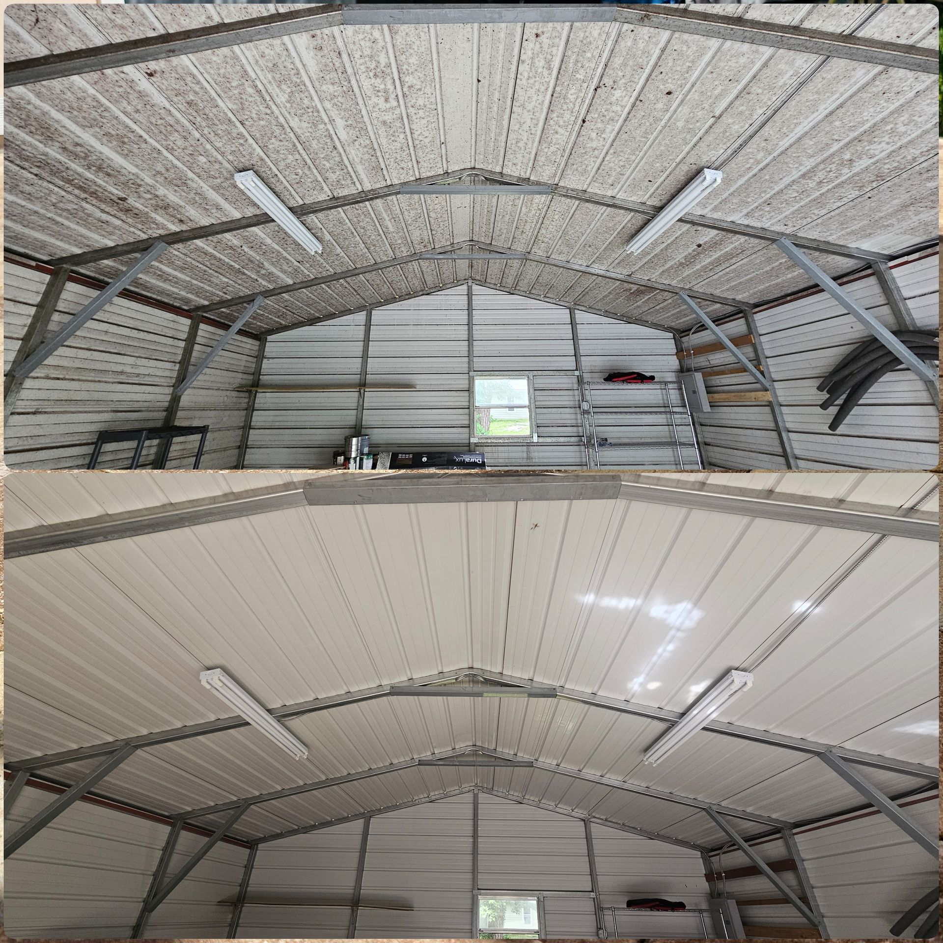 Comparison of a metal building ceiling before and after cleaning, showing a significant improvement in brightness.