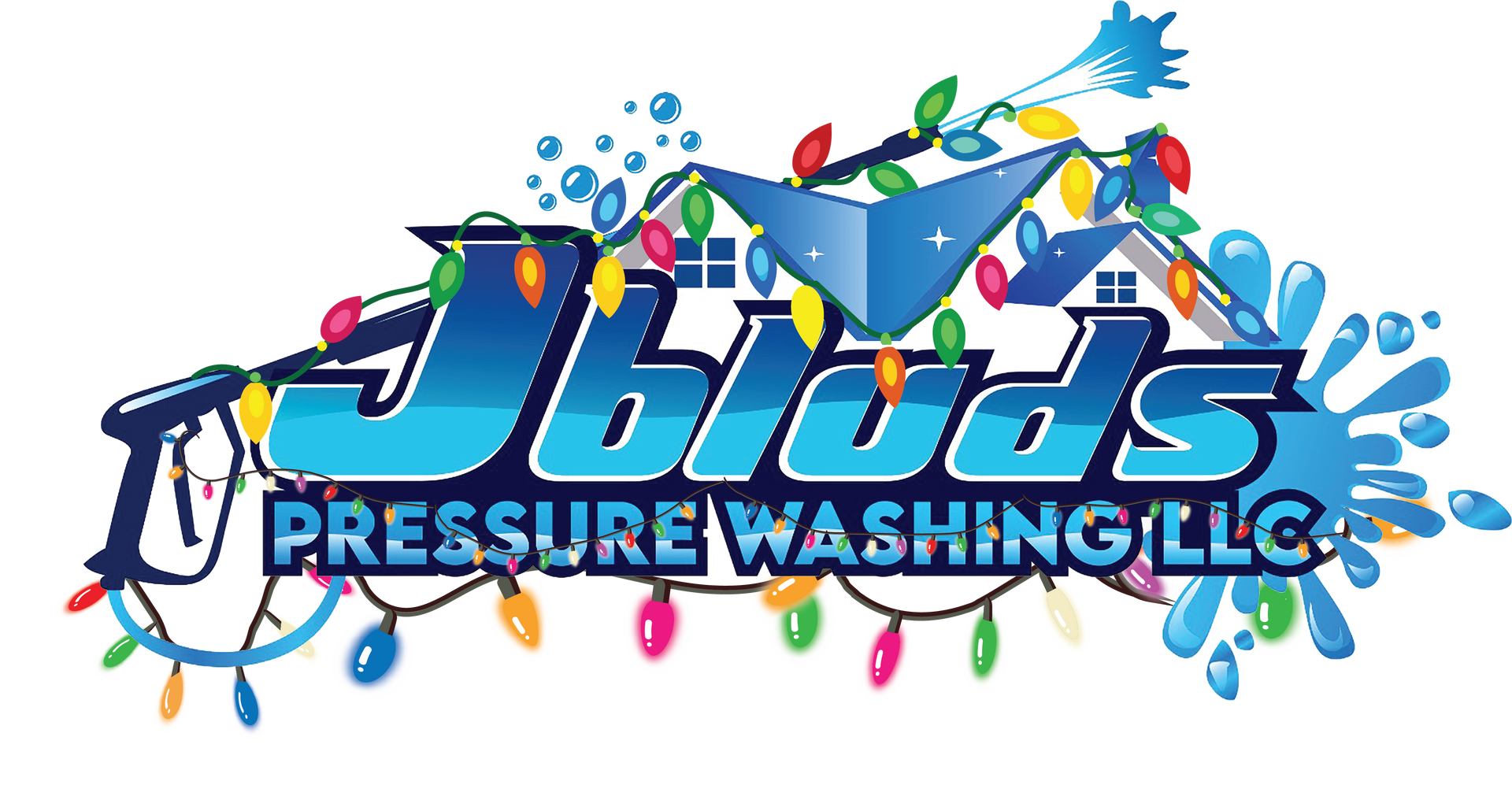 Logo for JBlud's Pressure Washing LLC featuring a house with water spray and holiday lights.
