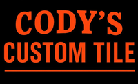 "Cody's Custom Tile" logo in orange text on a black background, with an orange underline.