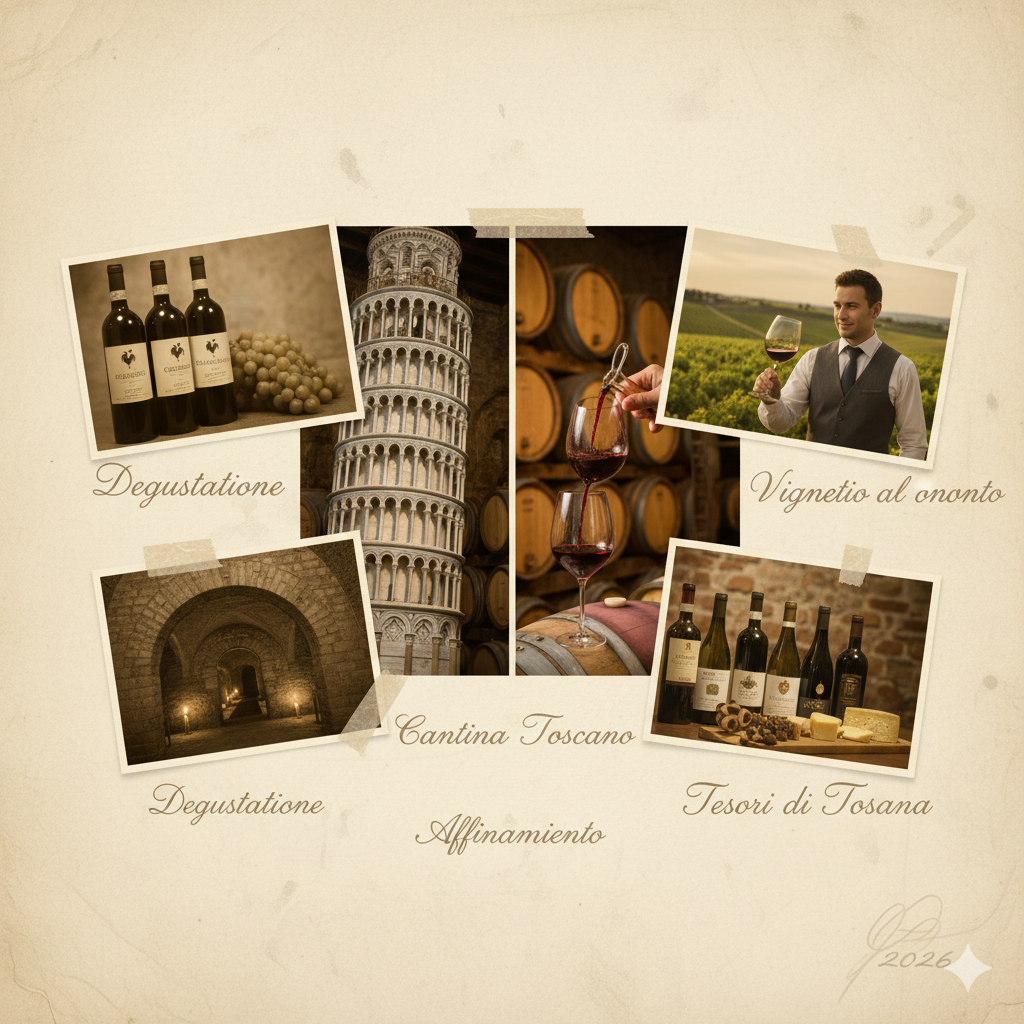 Collage di scene toscane: bottiglie di vino, Torre Pendente, degustazione di vino, botti, vigneto.