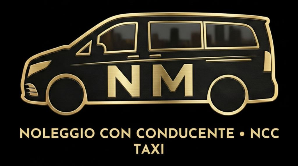 Logo nero e oro per un servizio taxi, raffigurante un furgone e le iniziali 