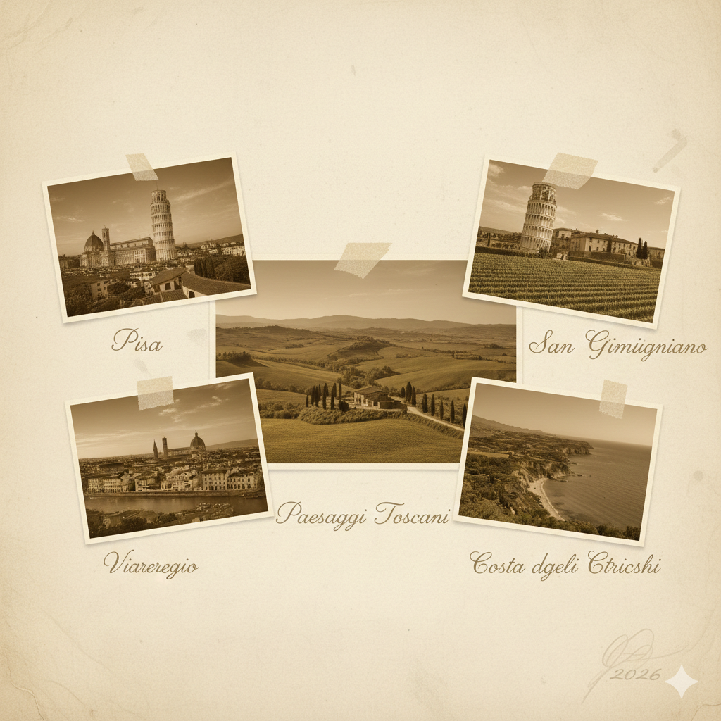 Vintage travel collage: Pisa, San Gimignano, Volterra, and Costa degli Etruschi photos with Tuscan countryside scene.