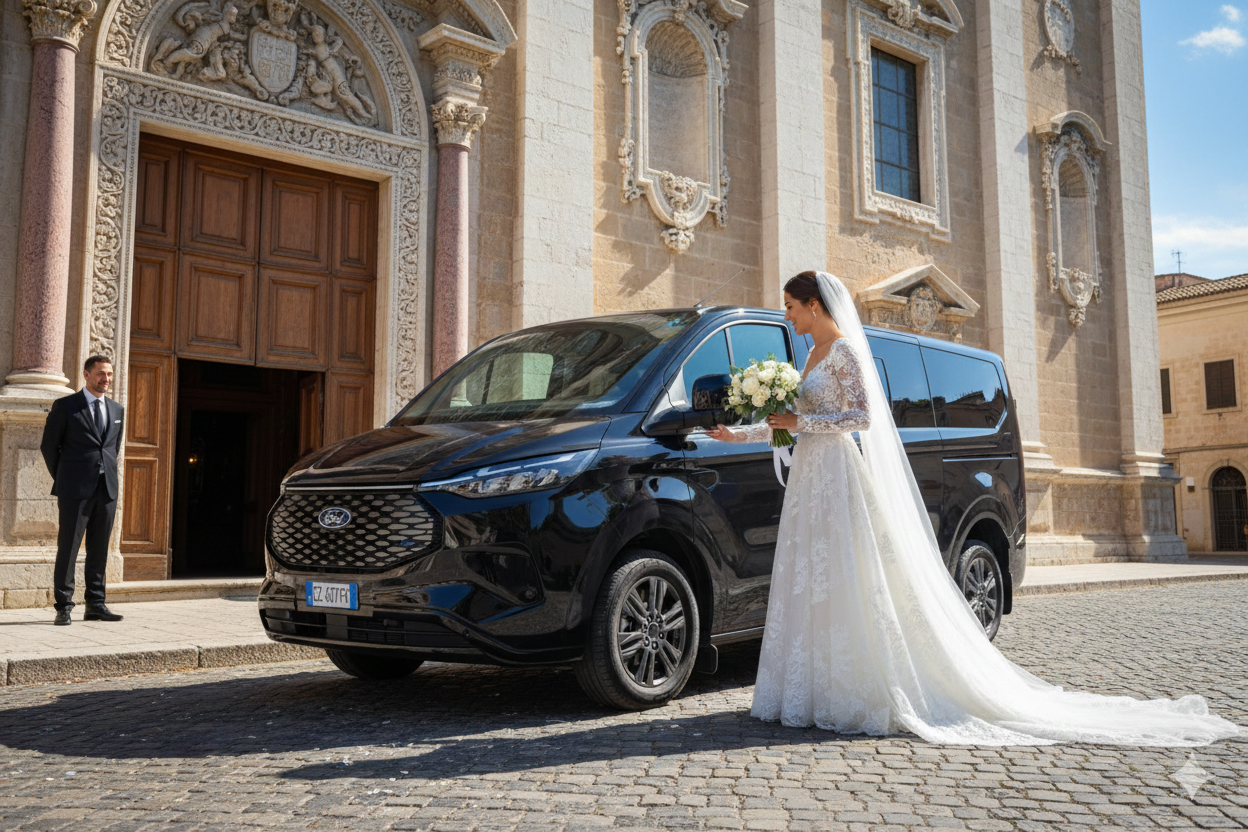 Una sposa in abito da sposa accanto a un furgone nero decorato con fiori su una strada acciottolata.