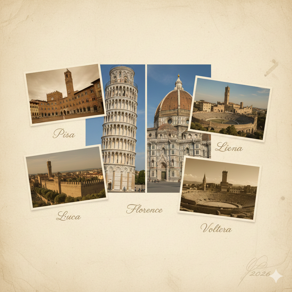 Collage fotografico dei monumenti italiani: la torre di Pisa, il duomo di Firenze, Siena, Lucca e Volterra.