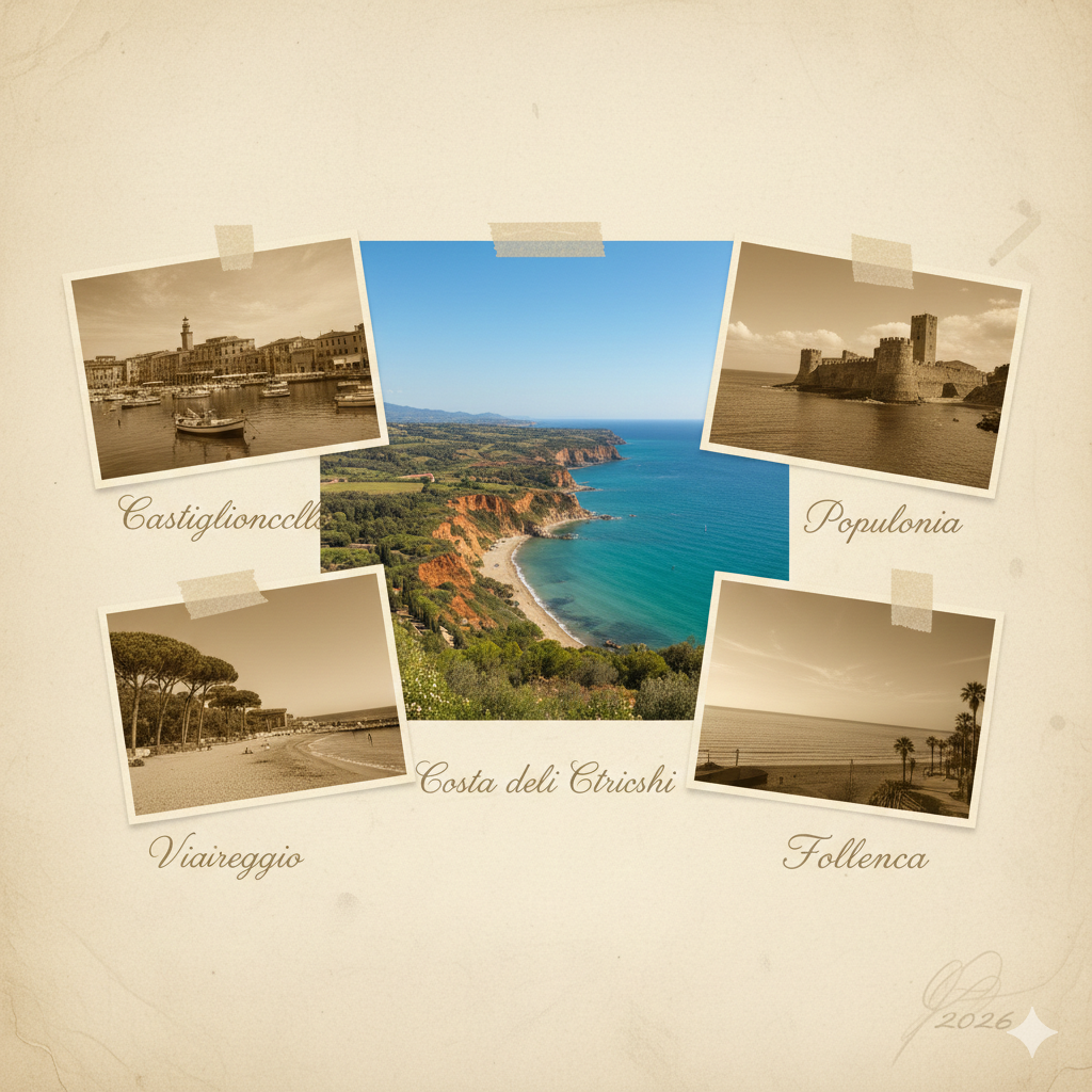 Vintage-style travel photos: five locations in Italy. Photos of Castiglione, Costa dei Trabocchi, Populonia, Viareggio, and Follonica.