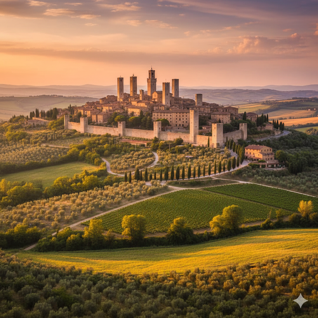Città toscana in cima a una collina con torri medievali, mura e vigneti circostanti al tramonto.