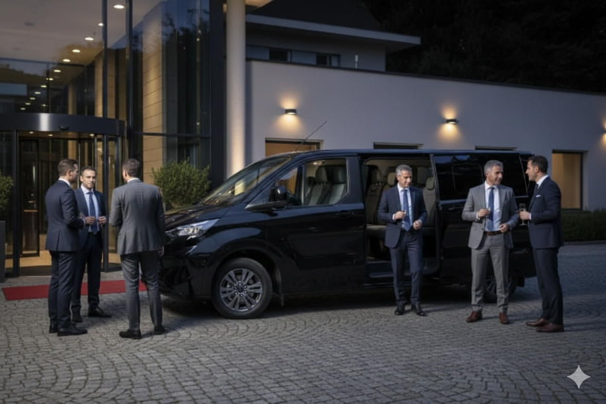 Un furgone Ford nero con due uomini in giacca e cravatta parcheggiato fuori da un edificio moderno con uno striscione.