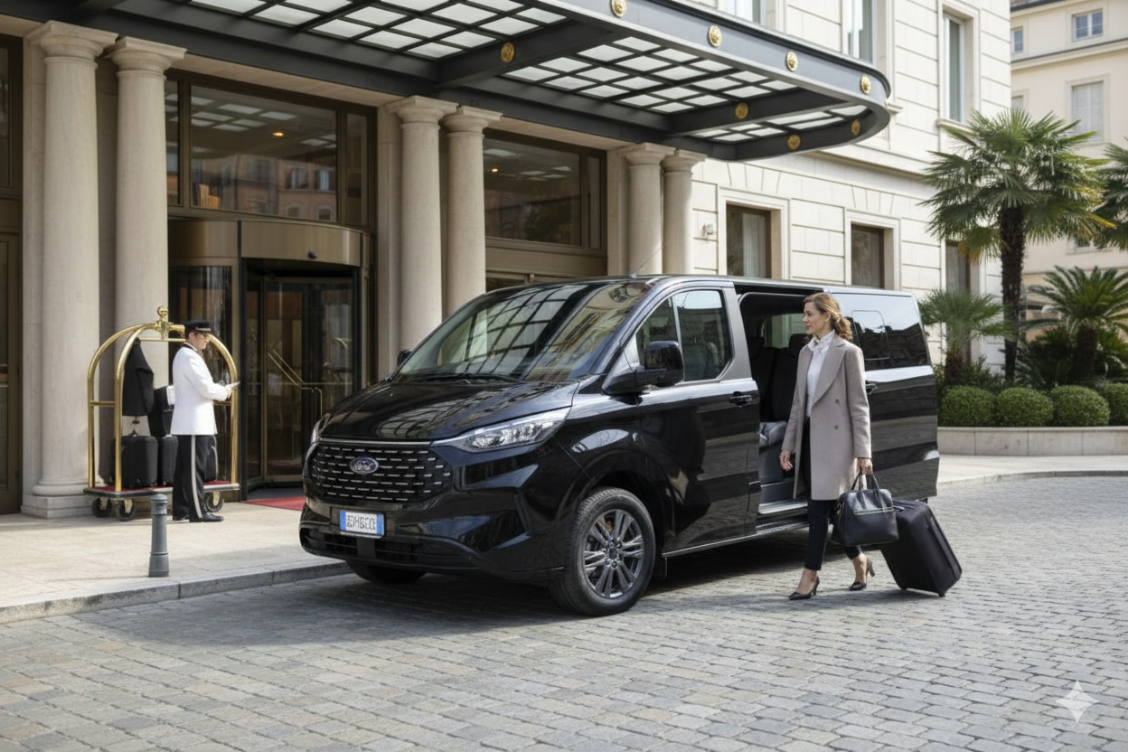 Un furgone nero parcheggiato davanti a un edificio in pietra, una donna e un portiere accanto ai bagagli a Firenze.