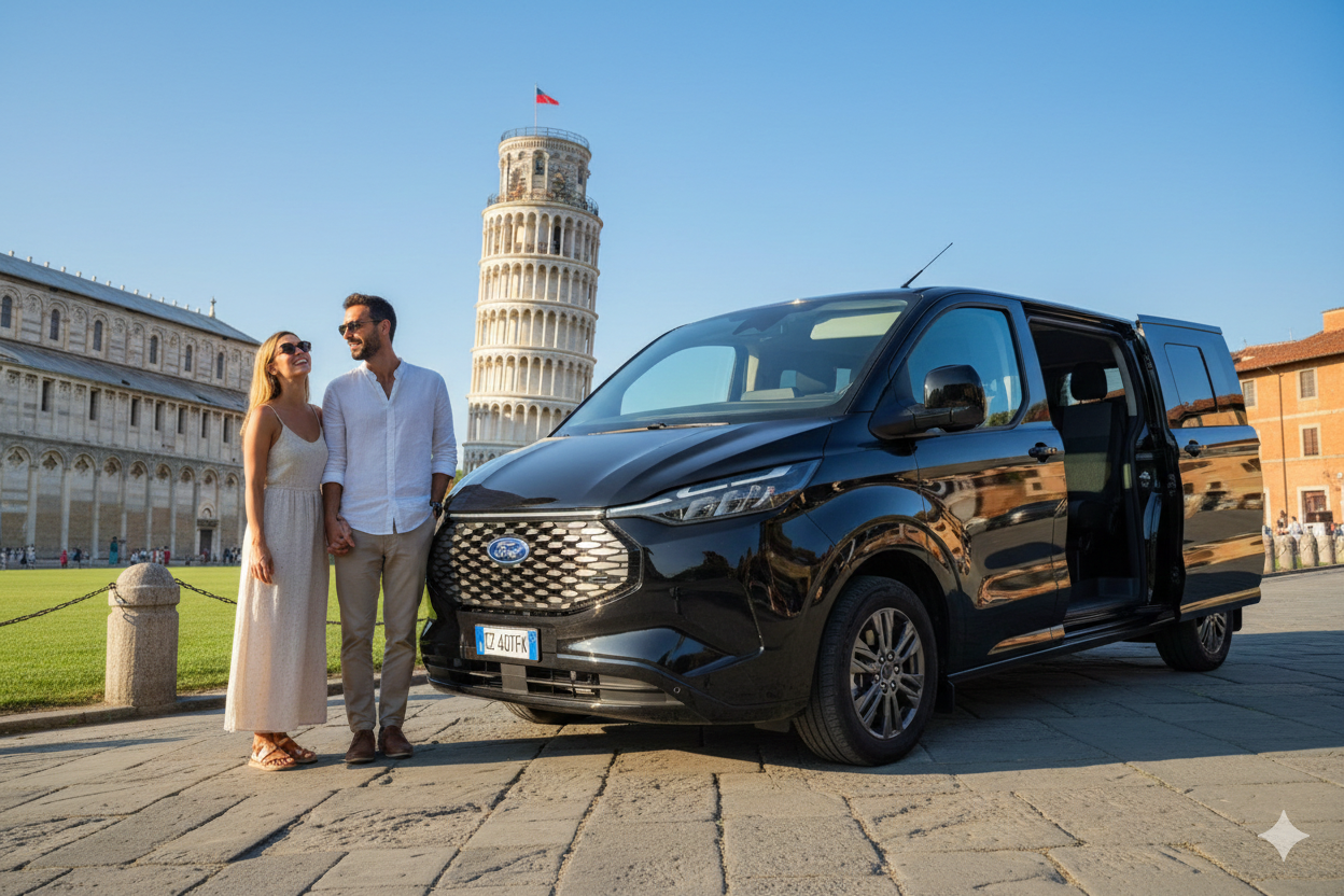 Coppia in piedi accanto a un furgone nero di fronte alla Torre Pendente di Pisa.