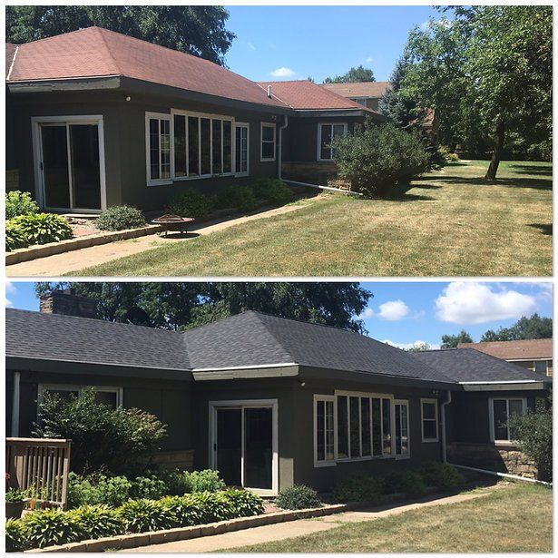 A before and after picture of a house with a black roof.