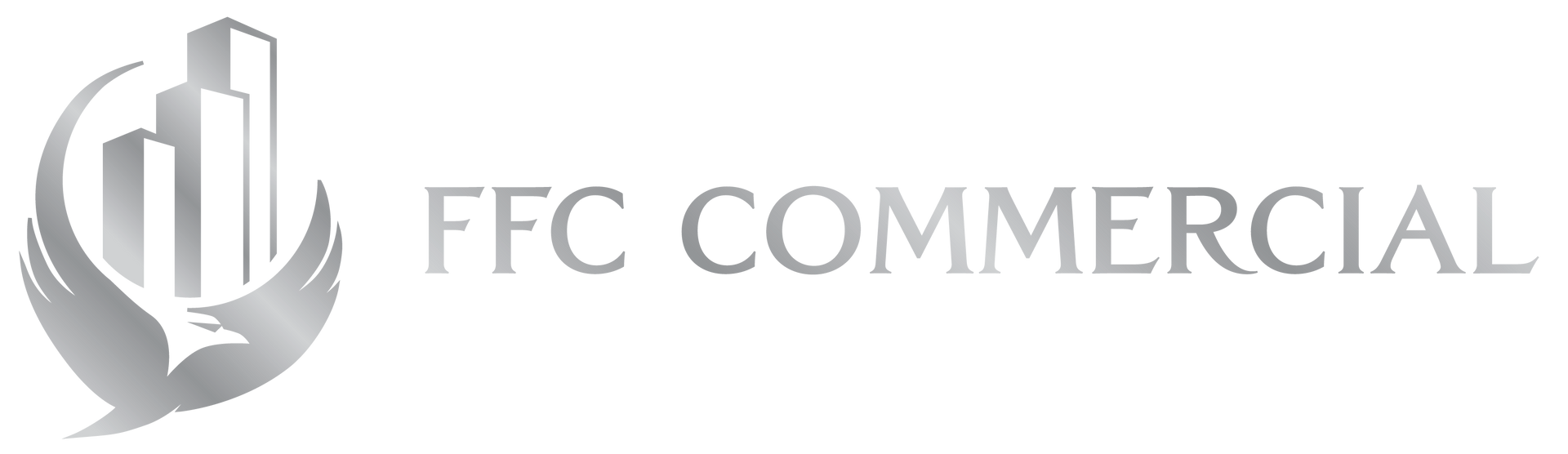 A silver logo with a stylized eagle and skyscrapers, next to the text