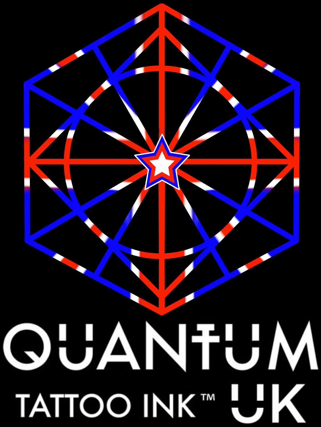 Logo for Quantum Tattoo Ink UK: geometric design in red, white, and blue; star in center; text beneath.