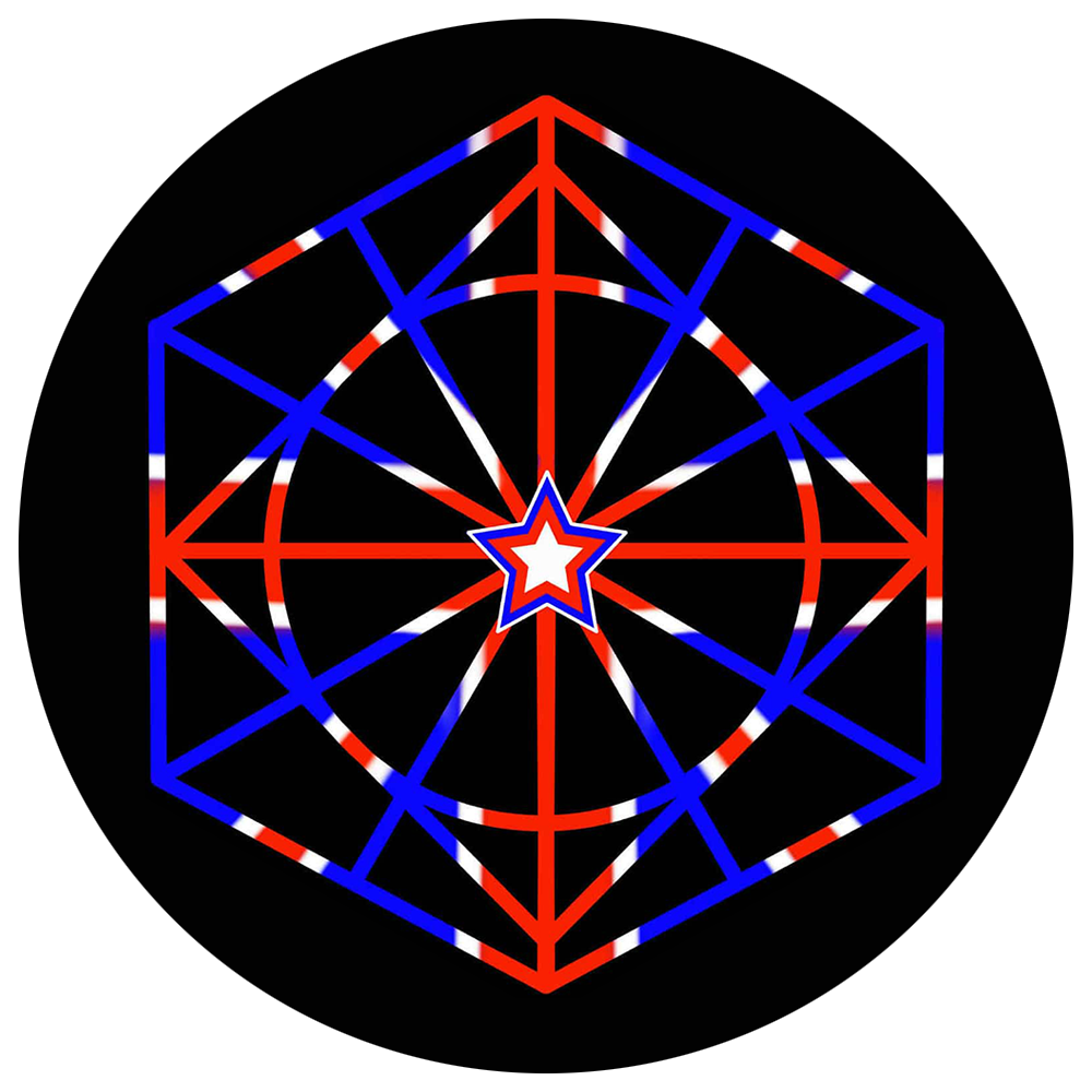 Geometric design inside a black circle. Hexagon, circle, star shapes in blue and red.