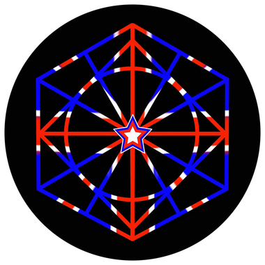 Geometric design inside a black circle. Hexagon, circle, star shapes in blue and red.