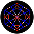 Geometric design inside a black circle. Hexagon, circle, star shapes in blue and red.