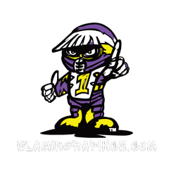 A cartoon character in a purple and yellow outfit is giving a thumbs up.