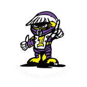 A cartoon character in a purple and yellow outfit is giving a thumbs up.