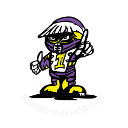 A cartoon character in a purple and yellow outfit is giving a thumbs up.