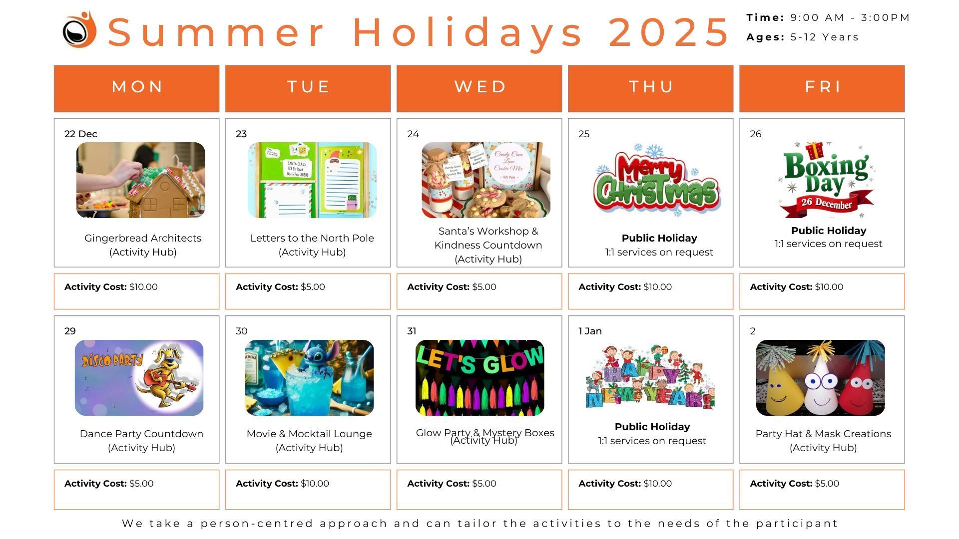Summer Holidays 2025 calendar with activity suggestions in each week.