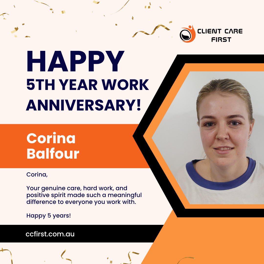 An anniversary graphic for Corina Balfour's 5th work year. Includes a photo of her and text celebrating her.
