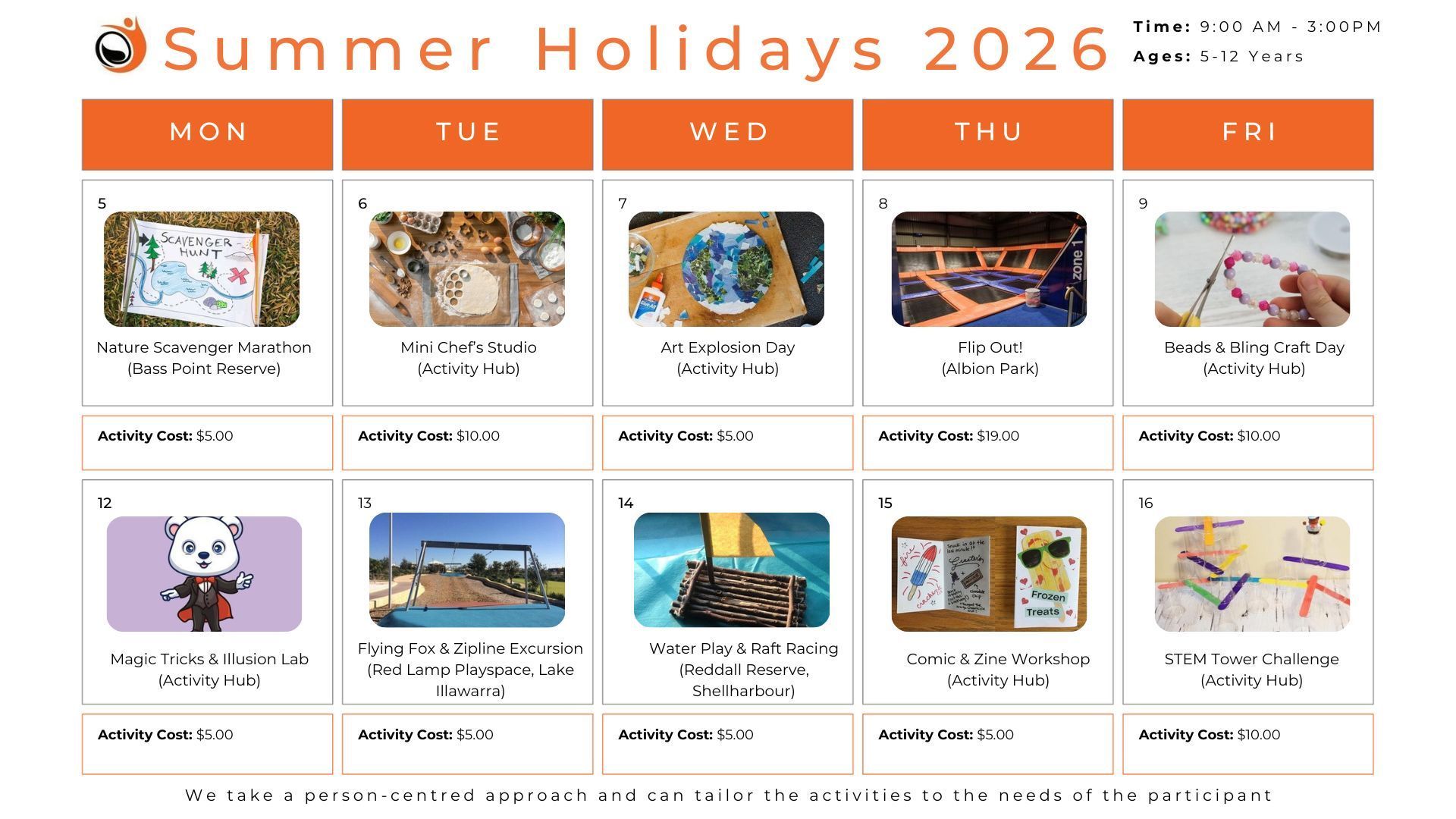 Summer holiday calendar for 2026, showing activity ideas for each day of the week.