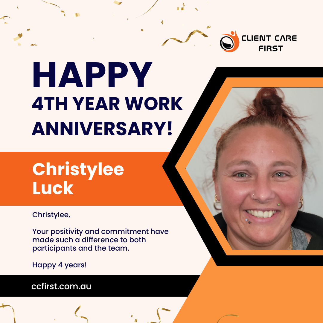 An anniversary announcement for Christylee Luck, celebrating 4 years of work. Includes a photo of Christylee.