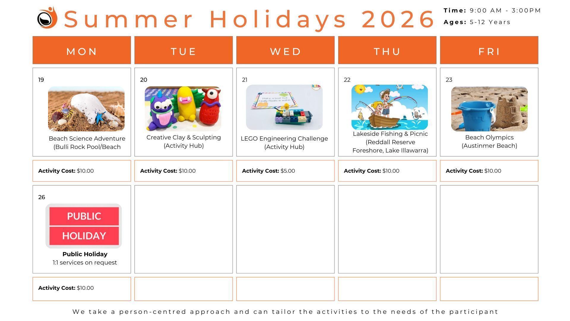 Summer Holidays 2026 calendar with children’s activities; beach, crafting, building, and nature exploration.