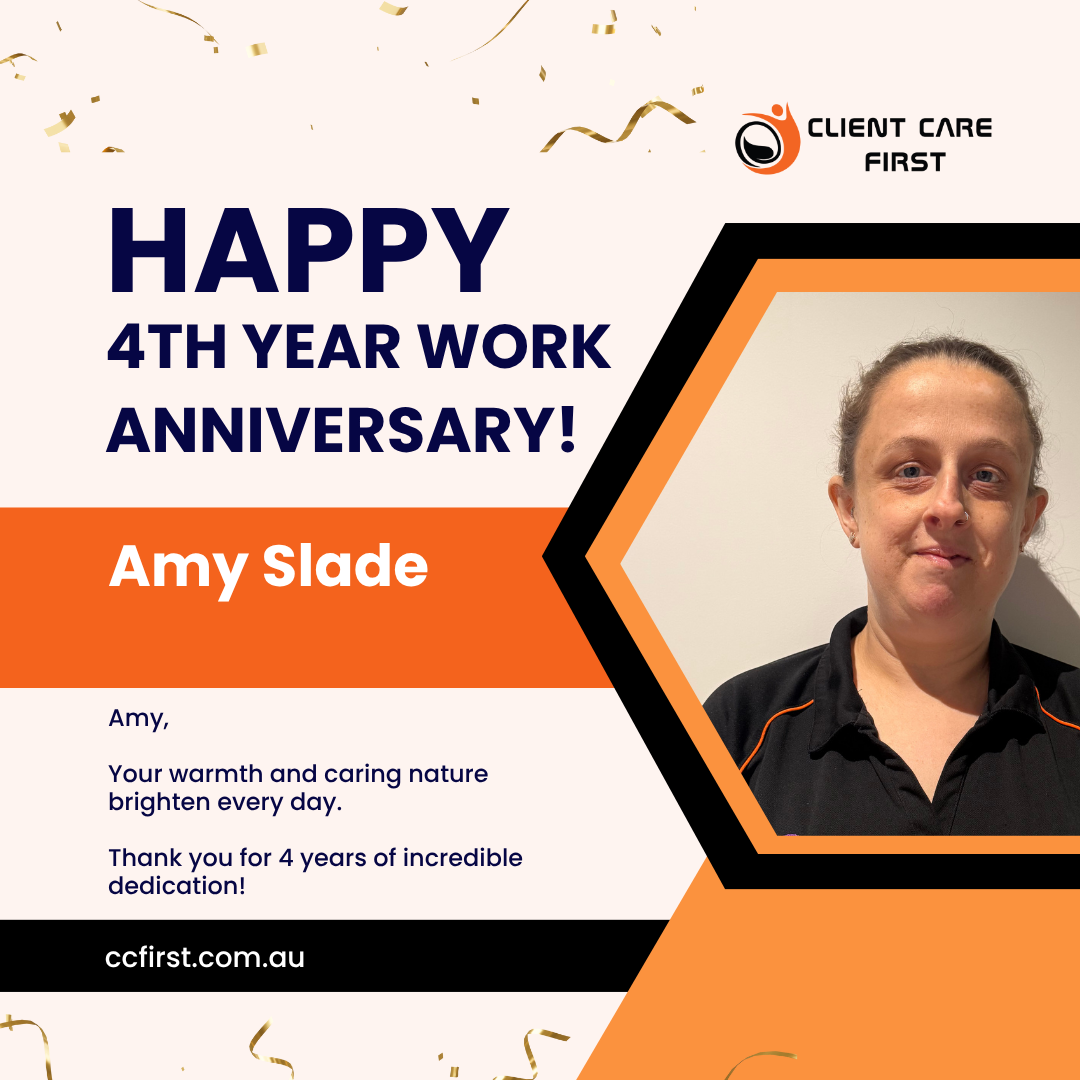 Anniversary graphic celebrating Amy Slade's 4th work anniversary. Includes photo, logo, and a message.