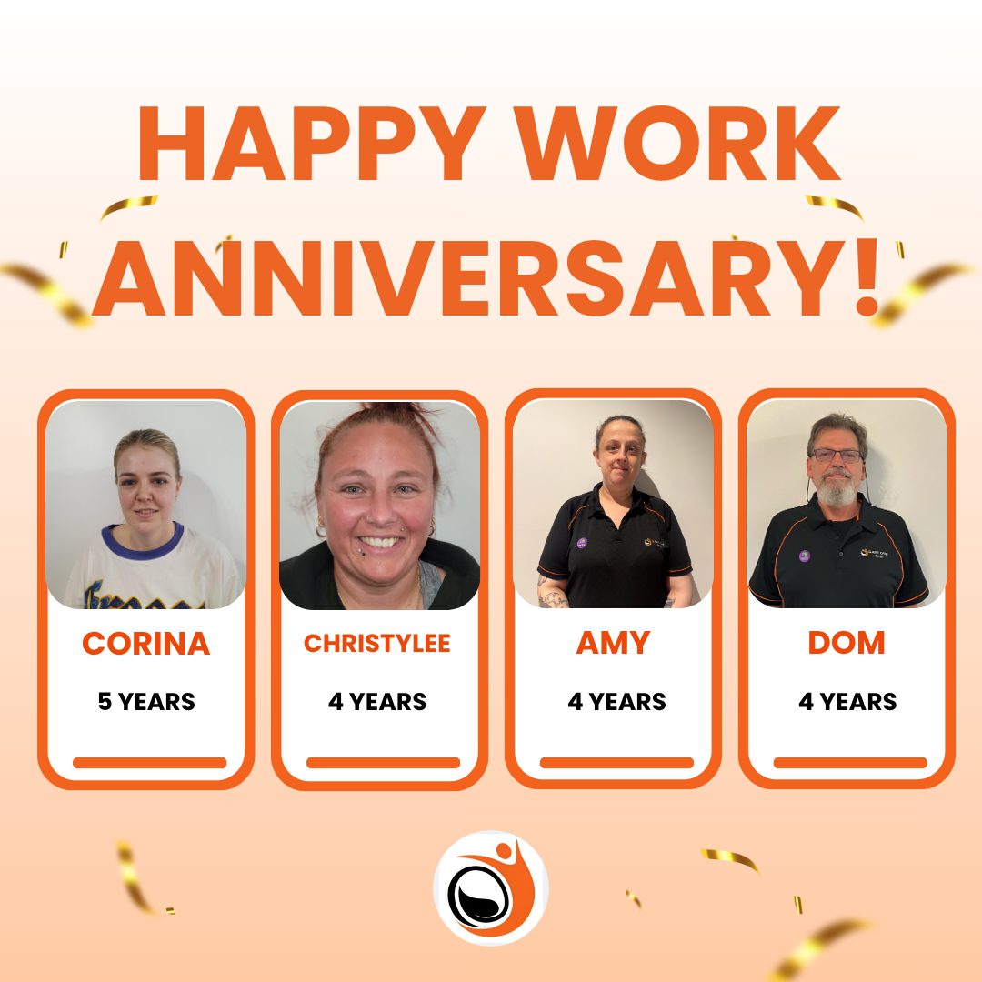 Happy work anniversary graphic with four employee photos and years of service.