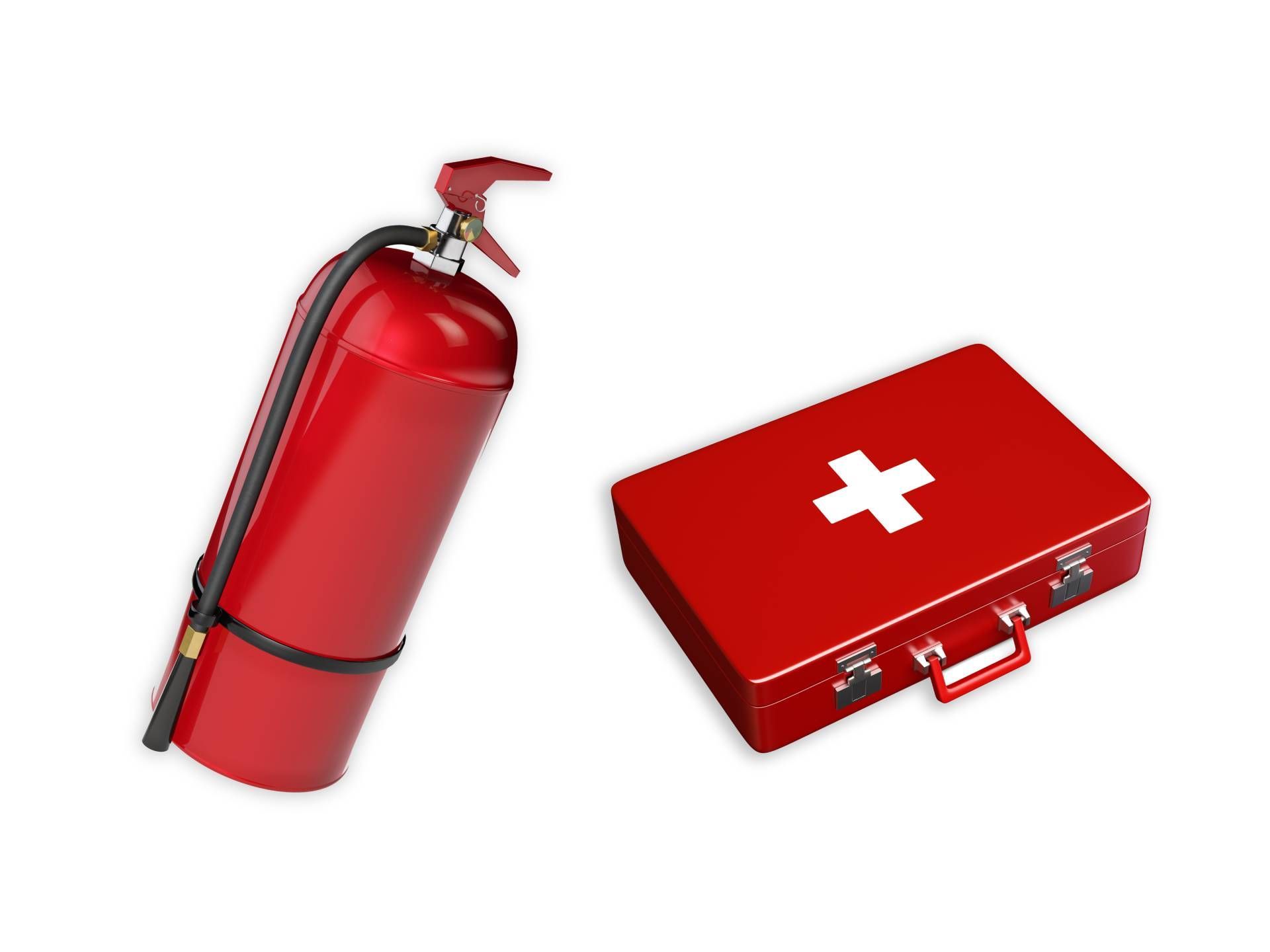 Un estintore rosso e un kit di pronto soccorso rosso su uno sfondo bianco