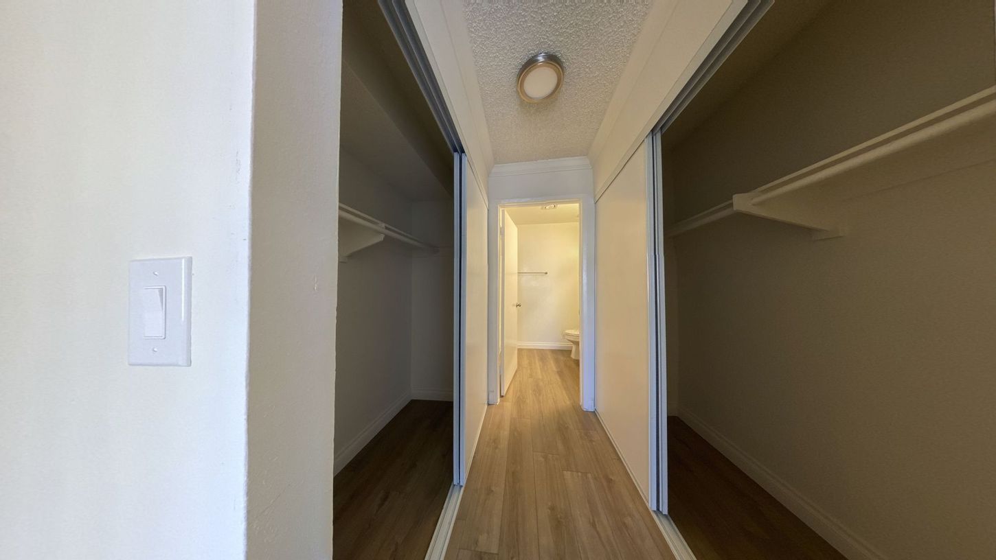 Hallway with closets on either side; a door is at the end of the hall.