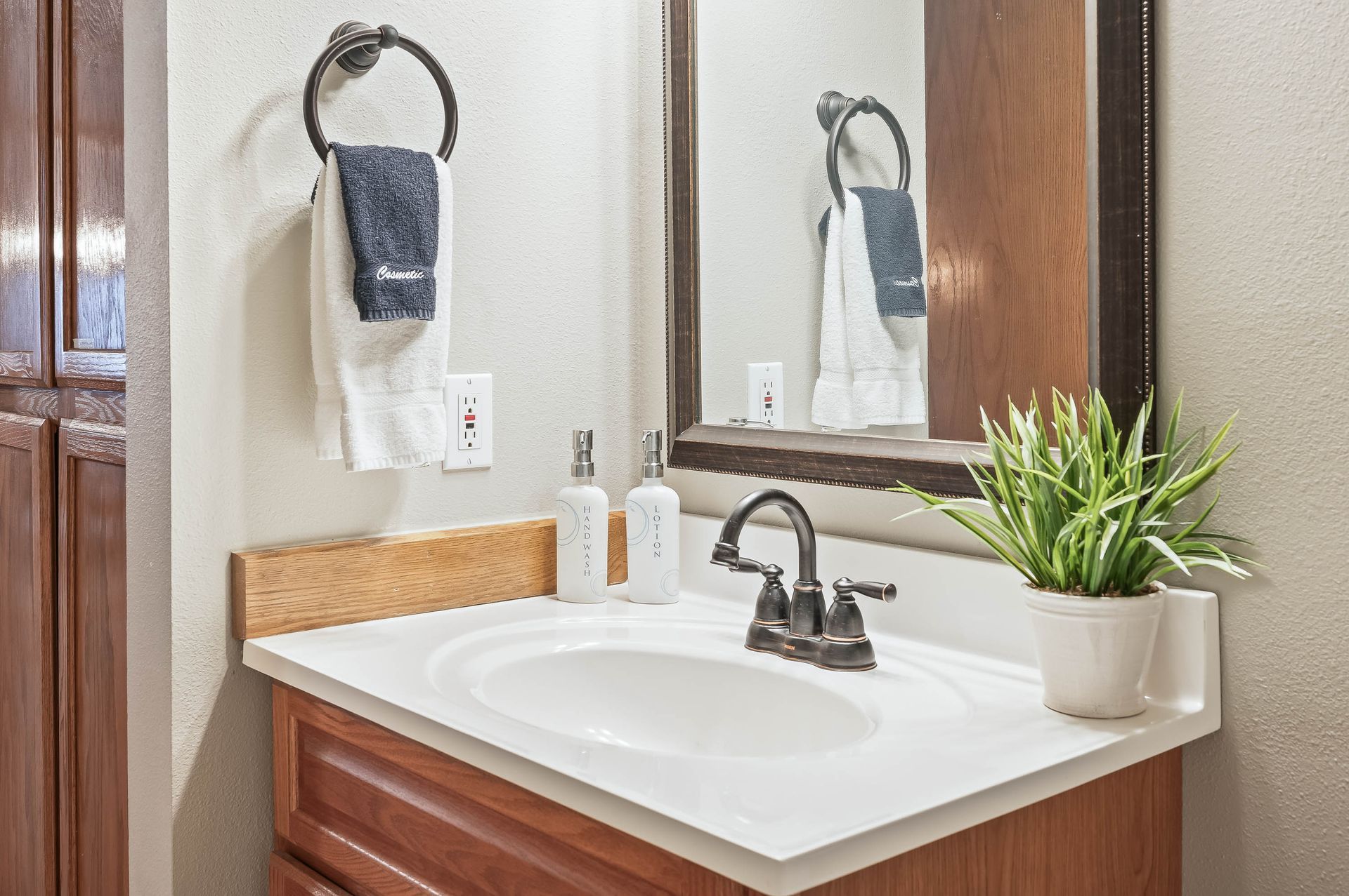 Bathroom sink with mirror, towel ring, soap dispensers, and potted plant.